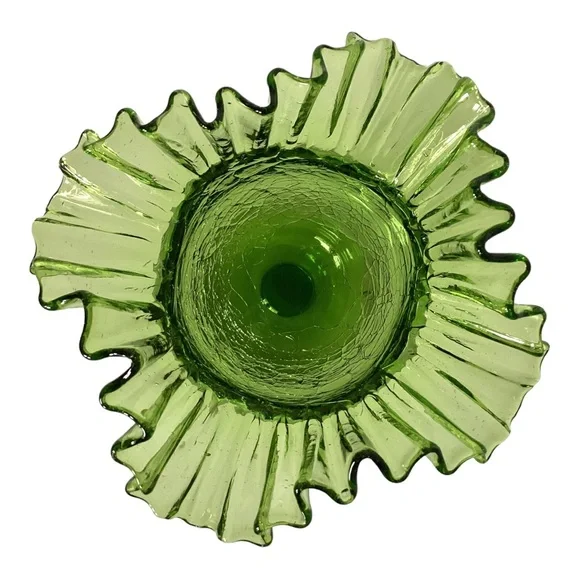 Blenko 388 Green Crackle Art Glass Vase Handcrafted Crimped Ruffled Edge Vintage - Picture 10 of 16
